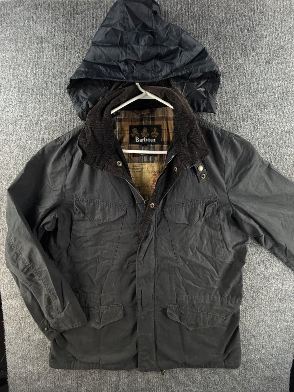 Barbour Hardwick 6oz Waxed Jacket Hooded Canvas Cotton Tartan Lined Large Blue